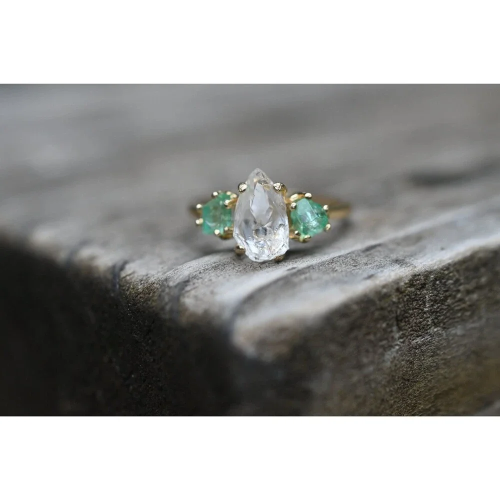 Engagement ring Raw emerald , raw Lake County diamond ring  size 4 5 6  7 8 9 10